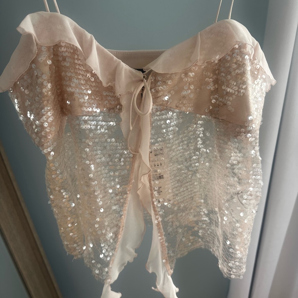 Zara light pink Sequin Top with Tie Detail